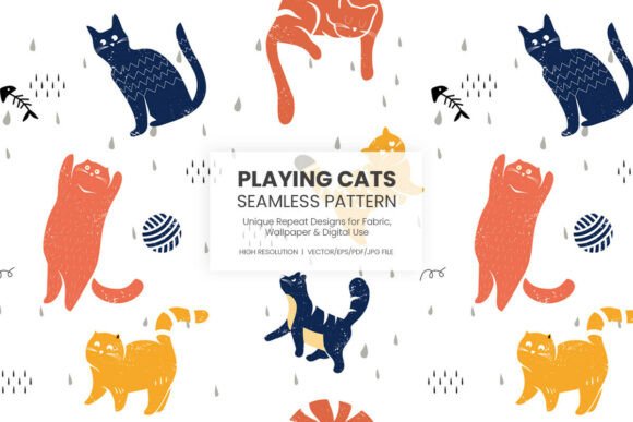 Playing Cats Seamless Pattern Vector